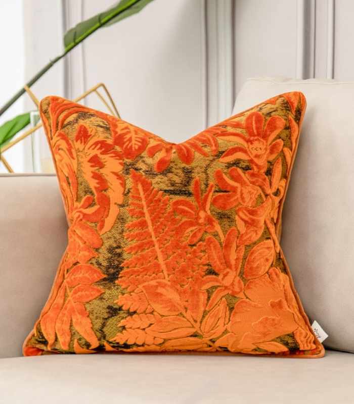 Velvet Floral Garden Cushion Cover Velvet Embroidery Orange