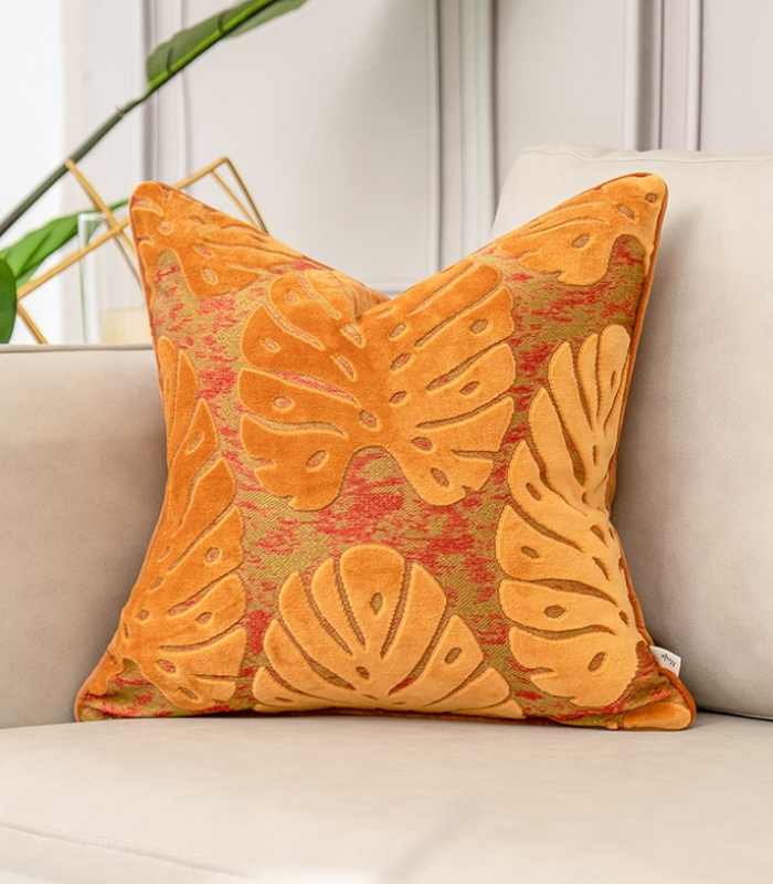 Velvet Floral Garden Cushion Cover Velvet Embroidery Orange