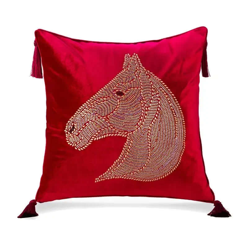 Beaded Horse Head Velvet Cushion Cover with Tassels 45x45 cm