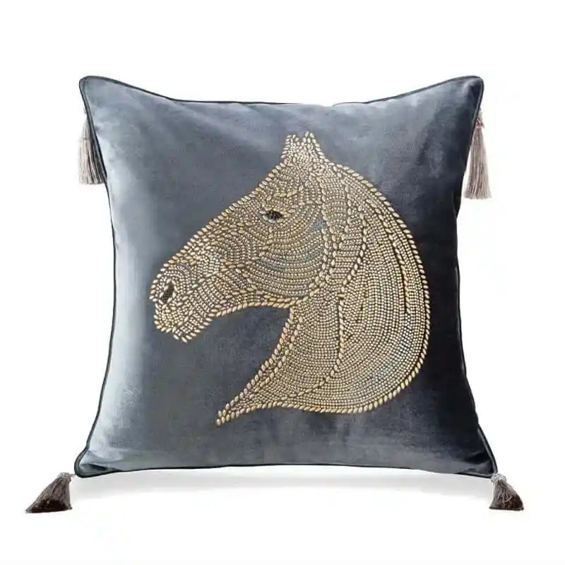 Beaded Horse Head Velvet Cushion Cover with Tassels 45x45 cm