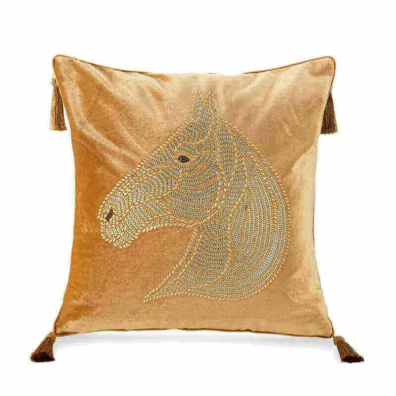 Beaded Horse Head Velvet Cushion Cover with Tassels 45x45 cm