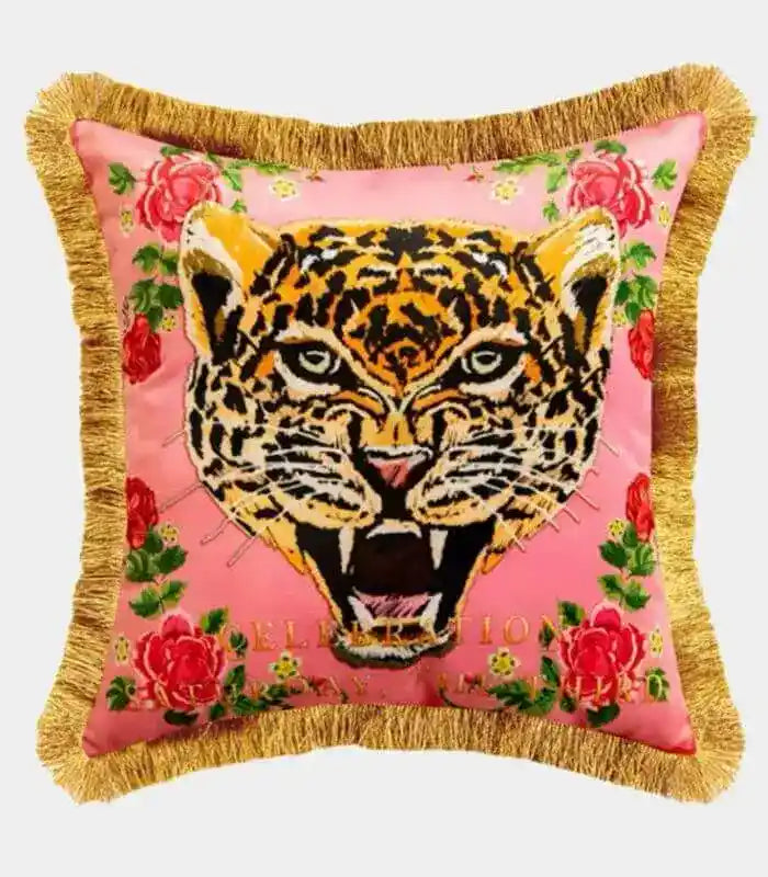 Pink Leopard Velvet Decorative Cushion Cover Fringed Edge Square 45 cm