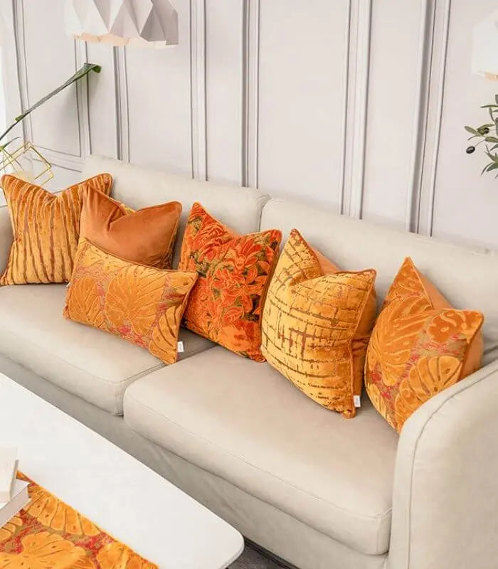 Velvet Floral Garden Cushion Cover Velvet Embroidery Orange