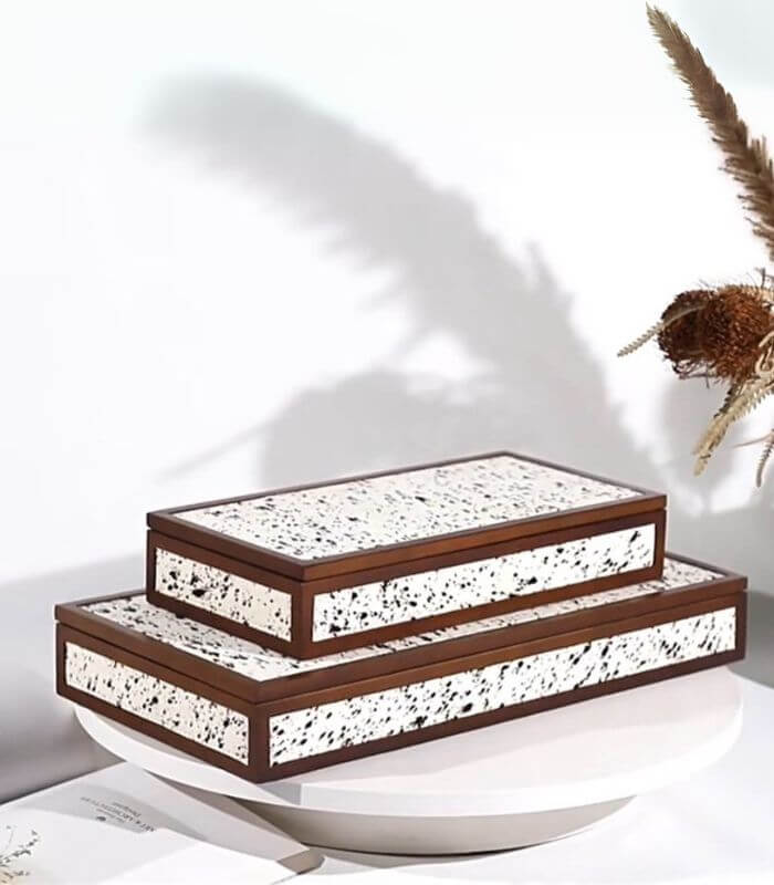 Luxury Speckled Leather Decorative Box | Handcrafted Wood Jewelry & Envelope Storage | Modern Home Organisation