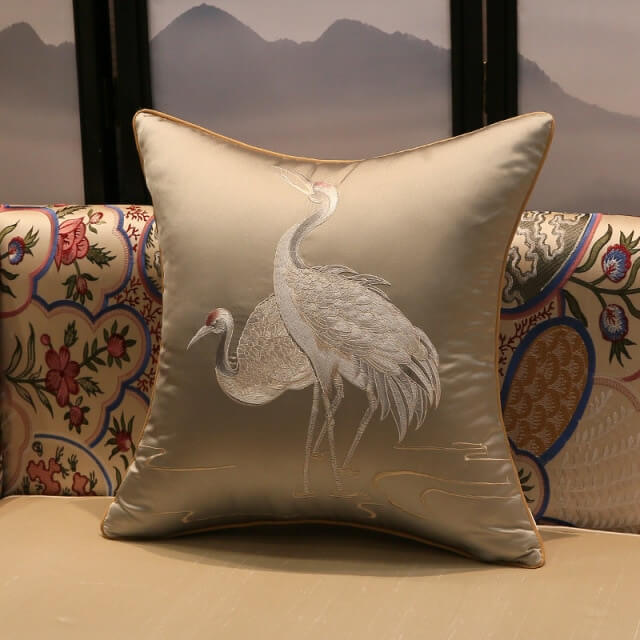 Cushion Cover Crane Embroidered Silk Satin 45x45cm