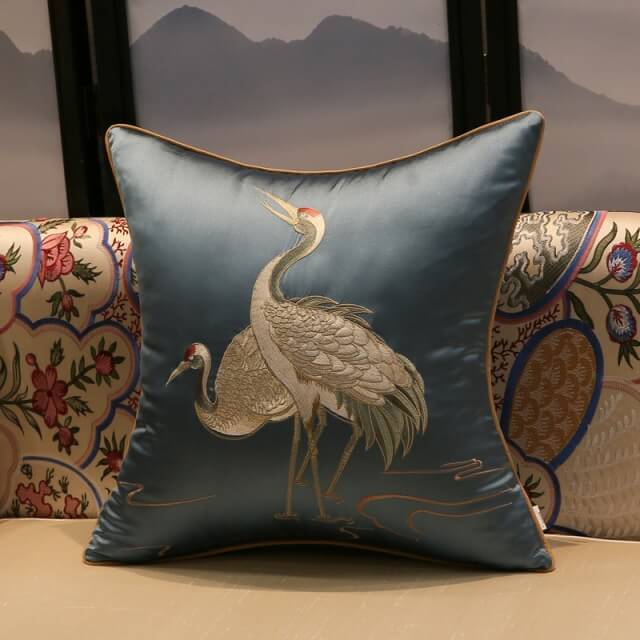 Cushion Cover Crane Embroidered Silk Sating 45x45cm