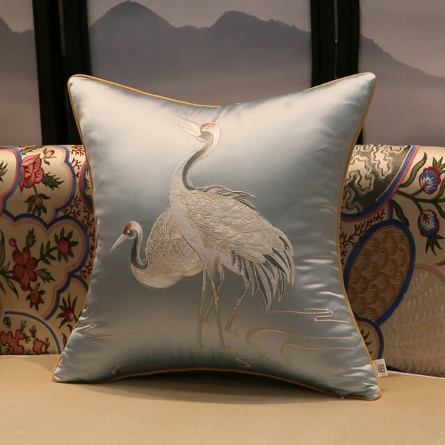 Cushion Cover Crane Embroidered Silk Sating 45x45cm