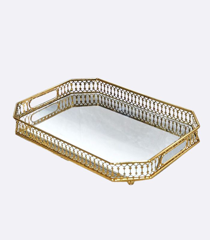 Vintage European Gold Mirror Metal Tray Rectangular 35cm