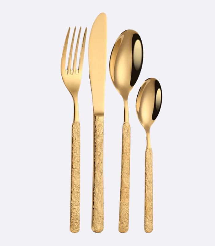 24 pc Cutlery Set Stainless Steel Hummered Handle Gold