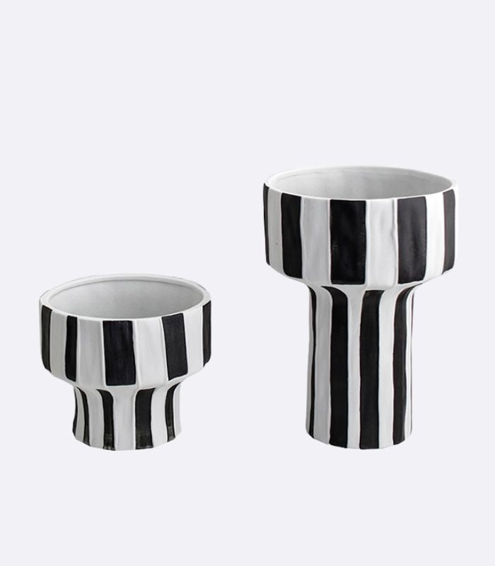 Ceramic Table Top Vase Paola Black and White Striped Wide Mouth Flower Pot Bowl