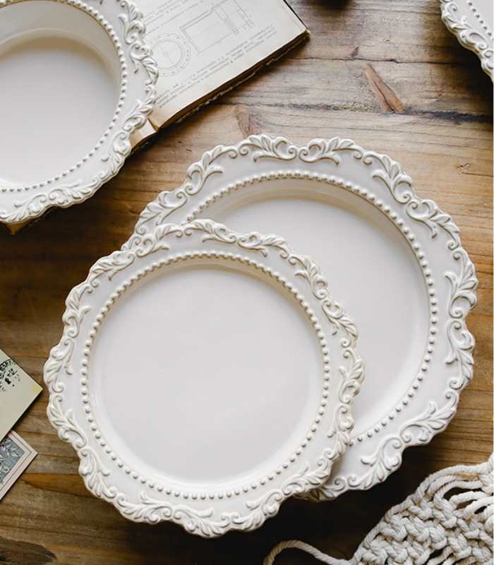 French Baroque Dinner Plates Ceramic Embossed Dinner Tableware