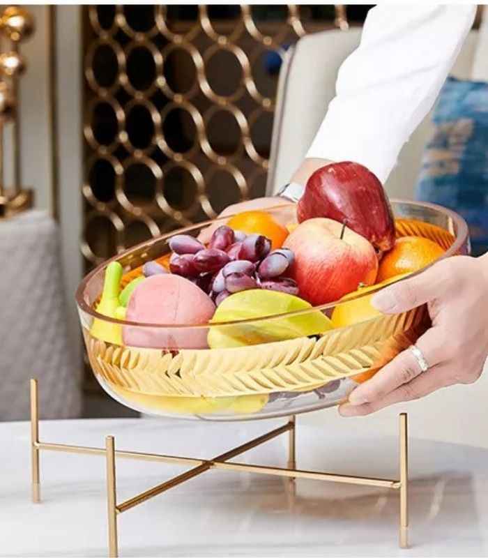 Crystal Fruit Bowl with Metal Wire Stand - Luxury Centerpiece