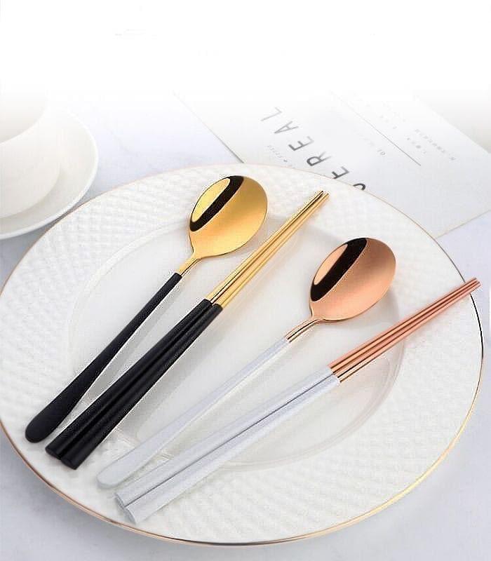 2pcs/set Japanase Chopsticks and Spoon Set Stainless Steel Tableware