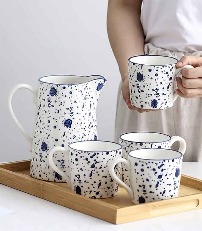 Ceramic Cups & Jug Ink Hand-painted White & Blue