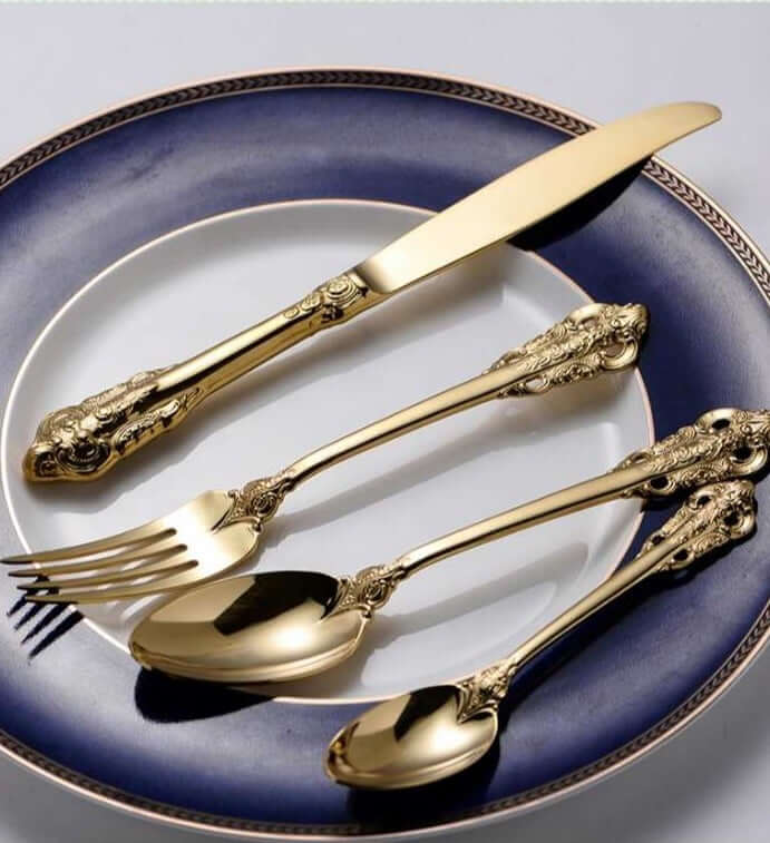24 Pcs Flatware Vintage Cutlery Set Gold for 6 People 18/10 Stainless Steel