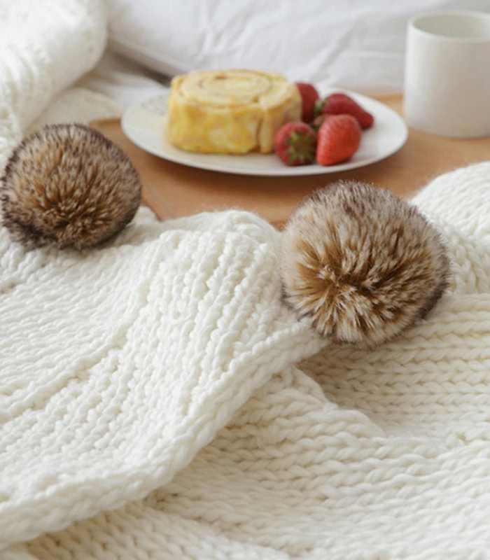 Throw Blanket Chenille Knit with Fur Pom Poms 1.1kg
