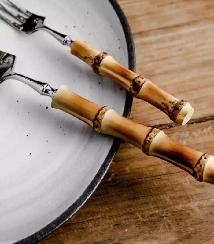 Natural Bamboo Flatware Set 18/10 Stainless Steel with Steak Knives, Bamboo Flatware Set