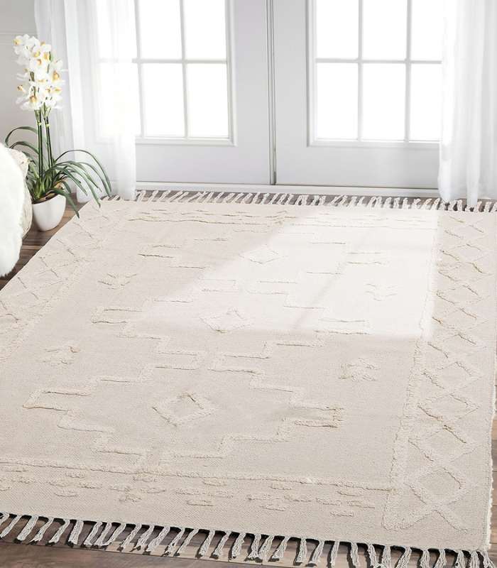 Moroccan Tassel Handmade Rug Beige & White Soft Cotton Non-slip Rug with Tassels