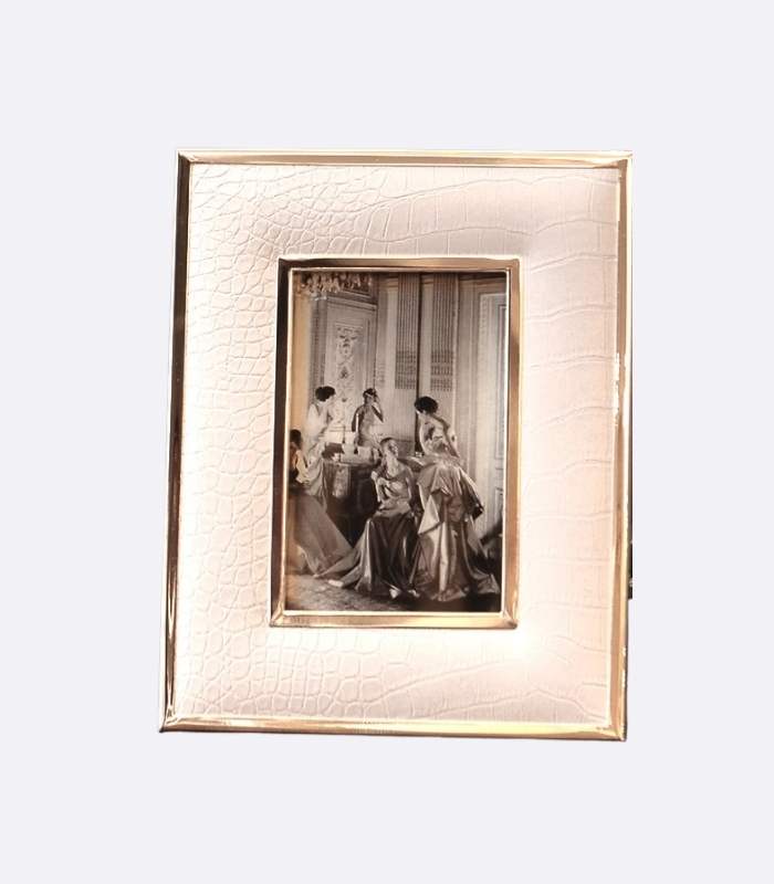 Photo Frame White Faux Crocodile Leather and Stainless Steel