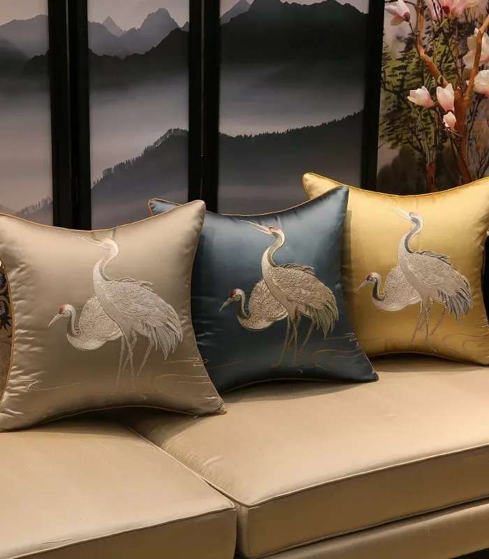 Cushion Cover Crane Embroidered Silk Sating 45x45cm