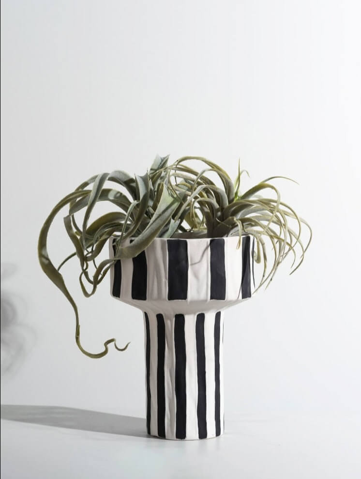 Ceramic Table Top Vase Paola Black and White Striped Wide Mouth Flower Pot Bowl