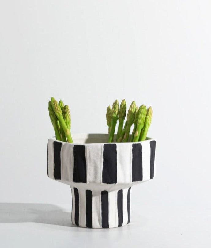 Ceramic Table Top Vase Paola Black and White Striped Wide Mouth Flower Pot Bowl