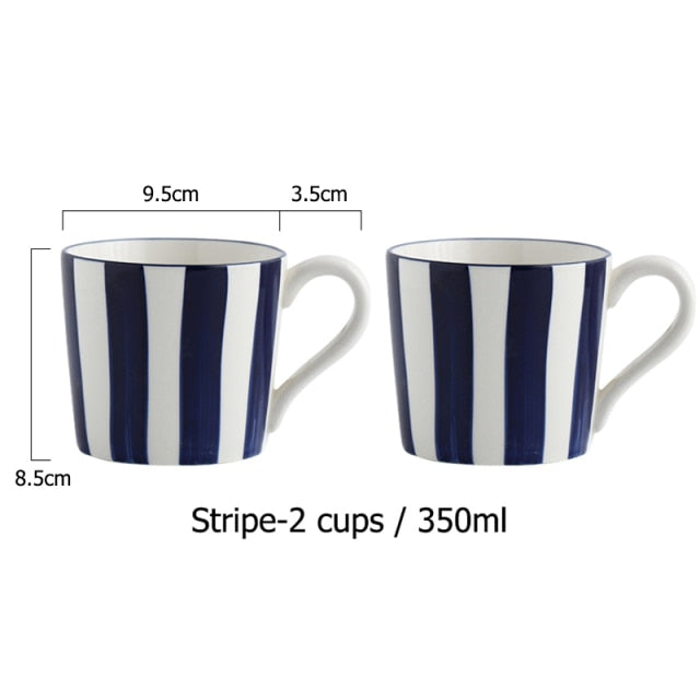 Set of 2 Blue Ceramic Cups Hand-Painted White & Blue