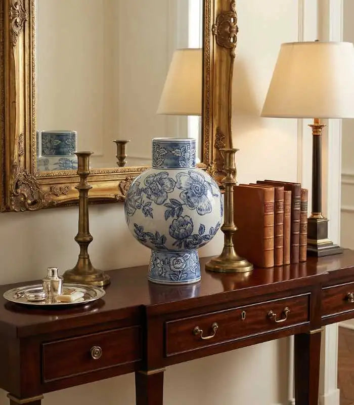 Floriana Blue & White Porcelain Vase – Hand-Decorated Floral Design