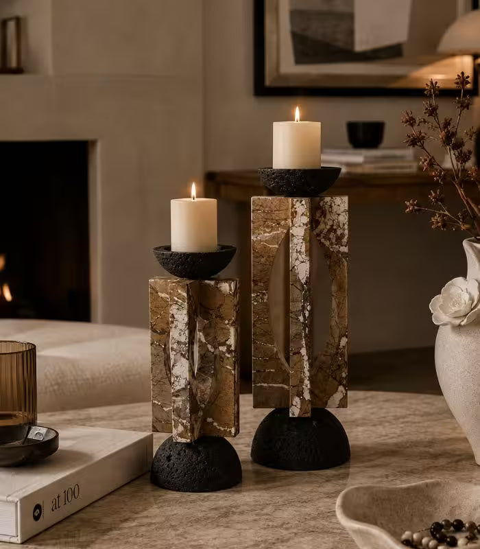 Corteccia Marble & Lava Stone Candle Holder – Natural Stone Pillar, 2 Sizes