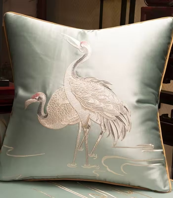 Cushion Cover Crane Embroidered Silk Satin 45x45cm