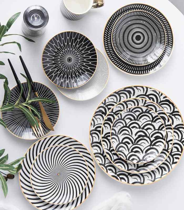 Set of 6 Dining Plates Black & White Porcelain Large 25cm