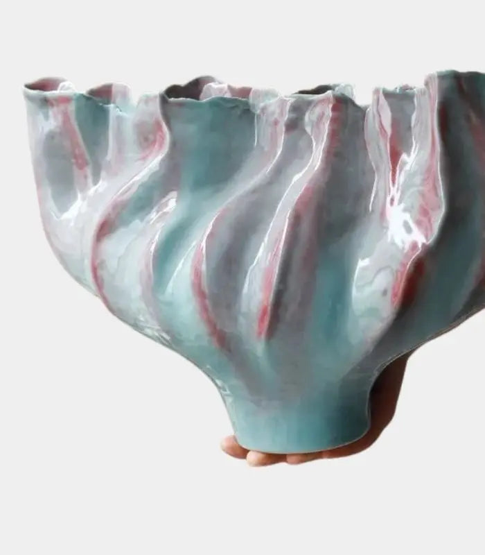 Celestine Aqua Porcelain Vase – Sculptural Wave Design with Coral Accents 36 cm (14.17 in)