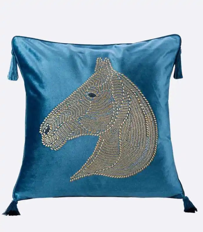 Beaded Horse Head Velvet Cushion Cover with Tassels 45x45 cm