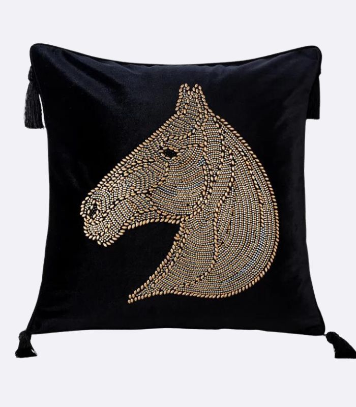 Beaded Horse Head Velvet Cushion Cover with Tassels