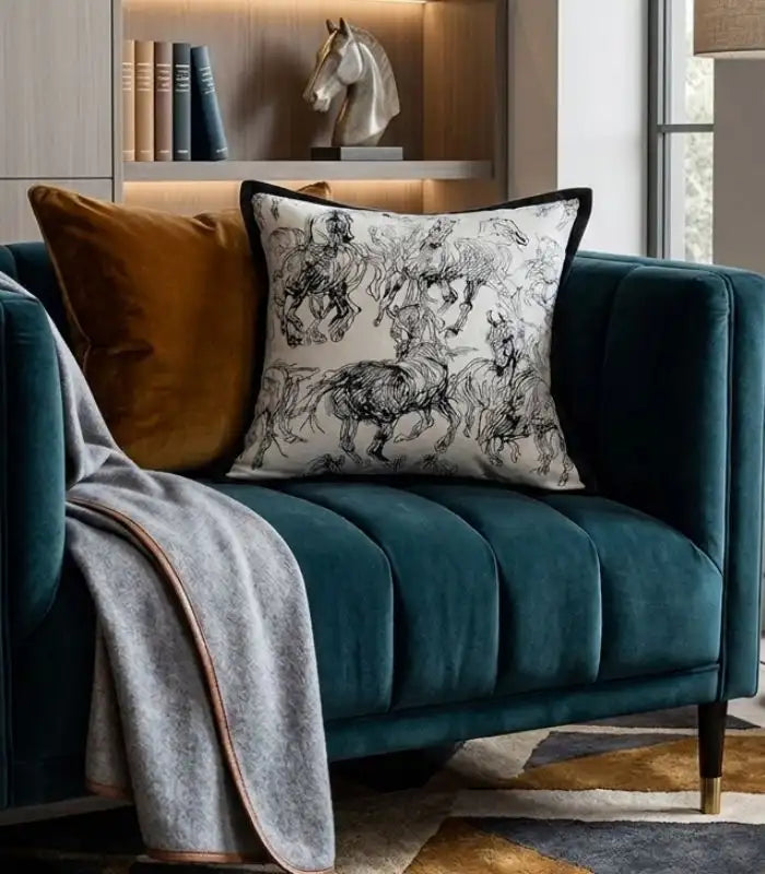 Equestrian Sketch Cushion Cover – Black and White Horse Study Jacquard Pillow Case 45x45 cm