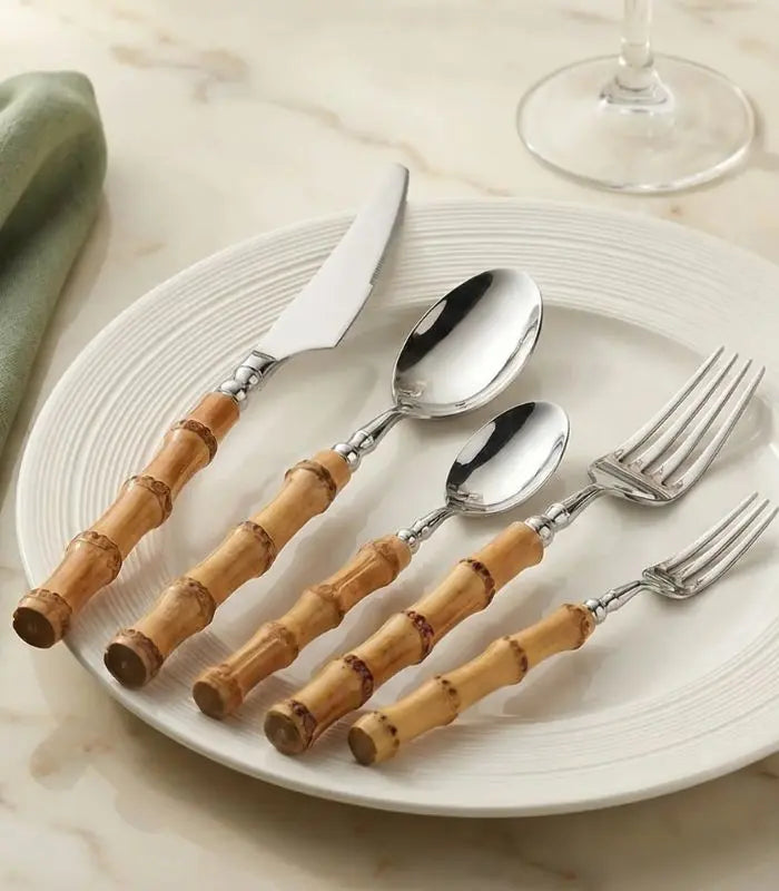 Cutlery Set Natural Bamboo Handle 304 Stainless Steel Silver