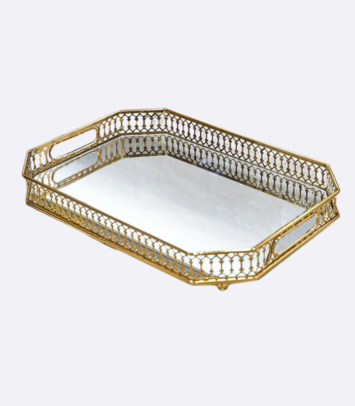 Vintage European Gold Mirror Metal Tray Rectangular 29cm, Mirror Tray