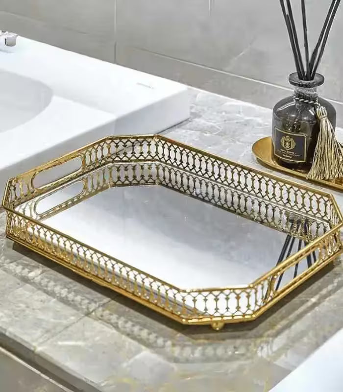 Vintage European Gold Mirror Metal Tray Rectangular 29cm, Mirror Tray
