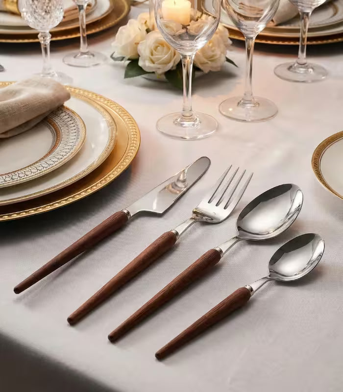 24-Piece Coastal Dining Cutlery Set – Rosewood Handle Stainless Steel Flatware (Brown)