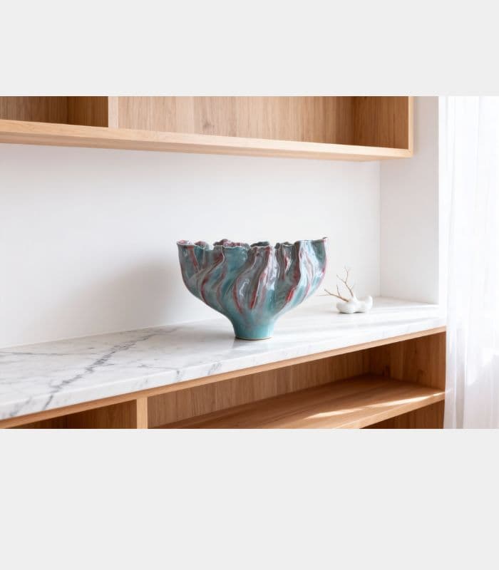 Celestine Aqua Porcelain Vase – Sculptural Wave Design with Coral Accents 36 cm (14.17 in)
