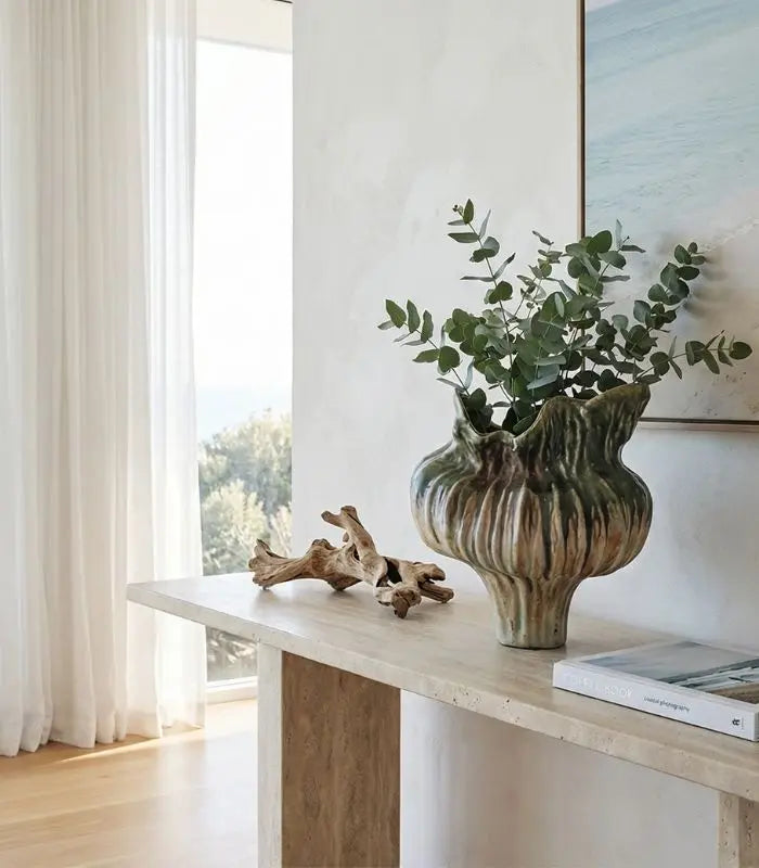 Verdant Ceramic Vase – Earth & Ember Sculptural Vase – Handcrafted Tectonic Ceramic with Ash Glaze