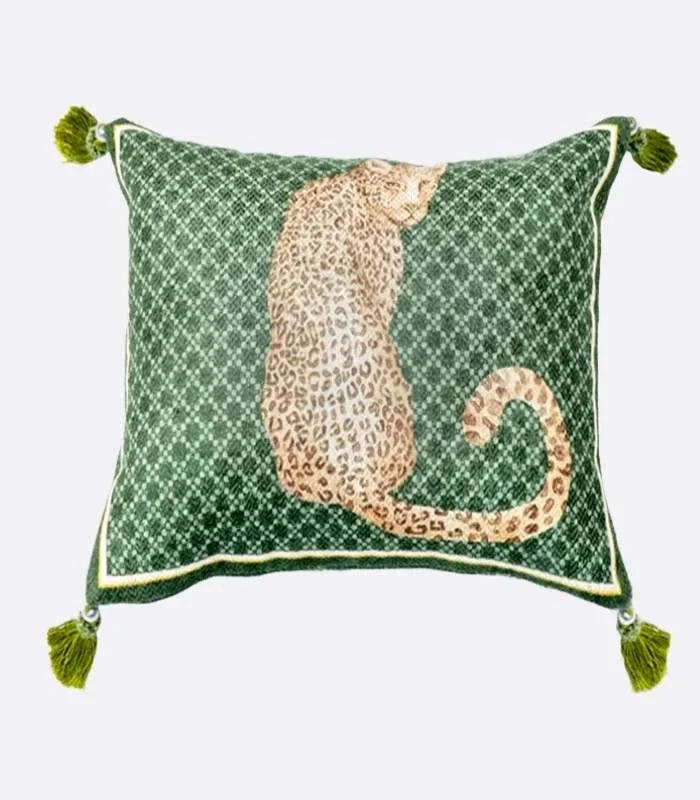 Leopard Cushion Cover Green with Tassels