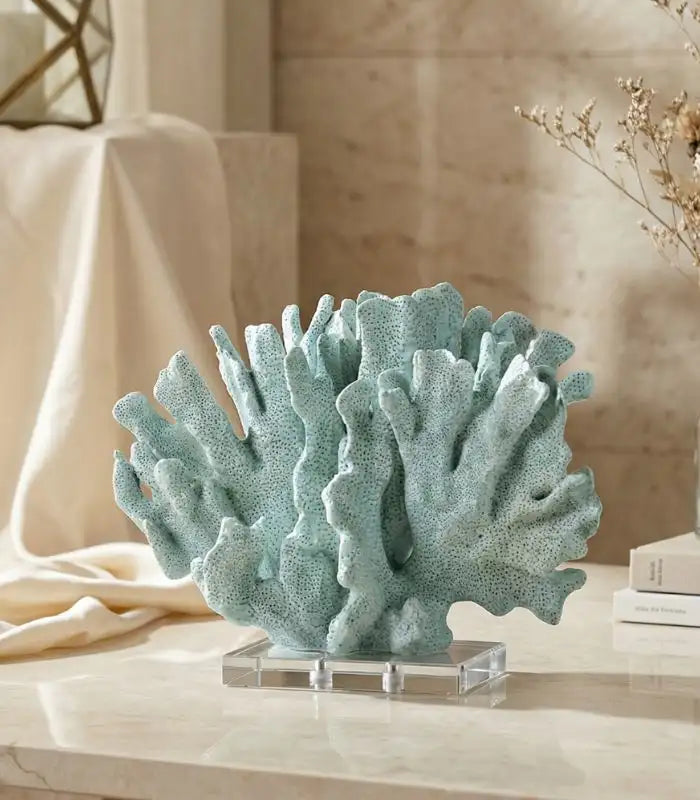 Oceana Seafoam Coral Sculpture – Coastal Decorative Object with Acrylic Base Resin Blue Large 28 cm