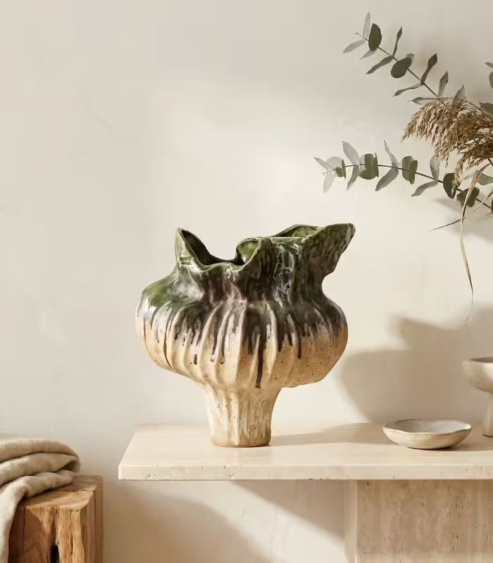 Verdant Ceramic Vase – Earth & Ember Sculptural Vase – Handcrafted Tectonic Ceramic with Ash Glaze