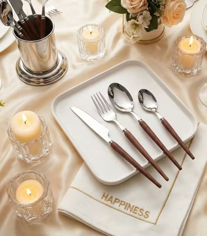 24-Piece Coastal Dining Cutlery Set – Rosewood Handle Stainless Steel Flatware (Brown)