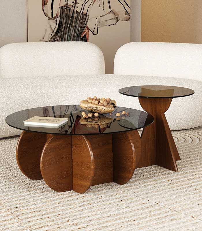 Solid Wood Side Table Glass Top Round Pine 50 cm Brown Coffee Table