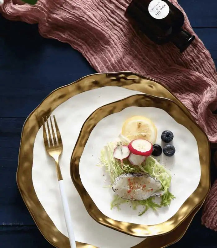 Gold Edge Porcelain Serving Platter Black & White 19.5 cm