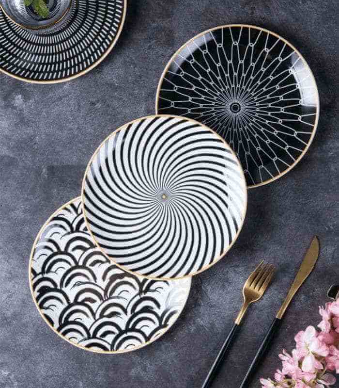 Set of 6 Dining Plates Black & White Porcelain Large 25cm