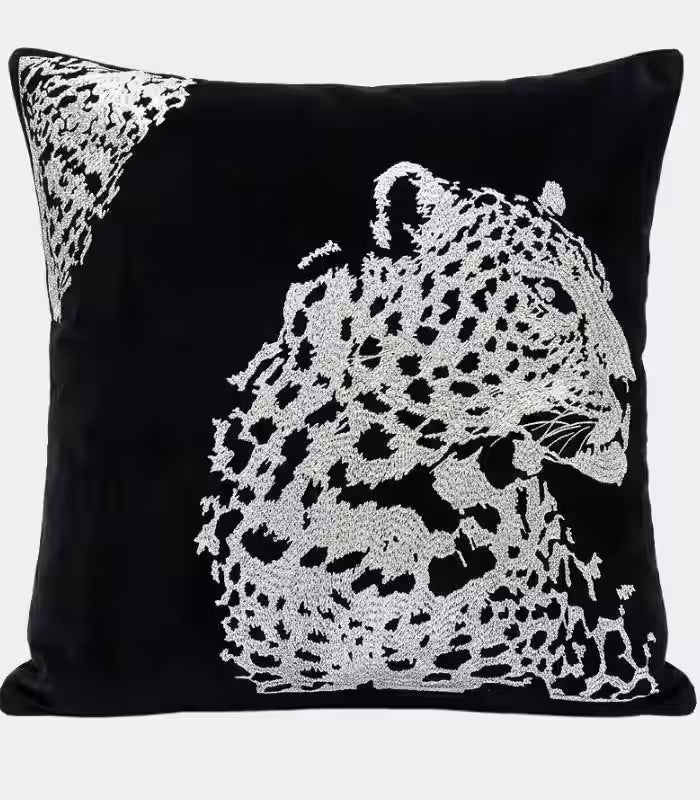 Cushion Cover Velvet Leopard Embroidery Black