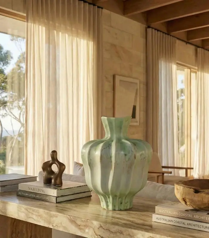 Pauline Ceramic Vase – Sculptural Fluted Design 30 cm Green